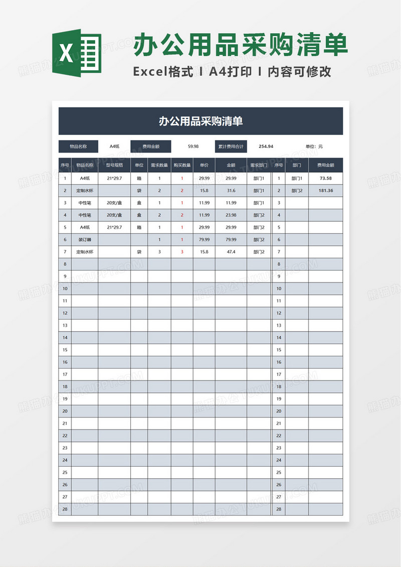 办公用品采购清单excel模板