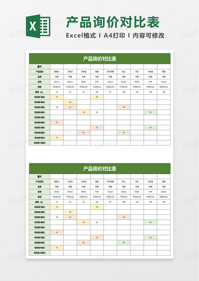 产品询价对比表excel模板