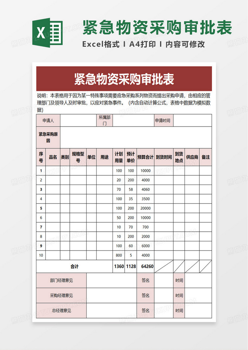 紧急物资采购审批表excel模板