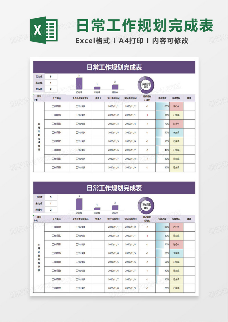 日常工作规划完成表excel模板