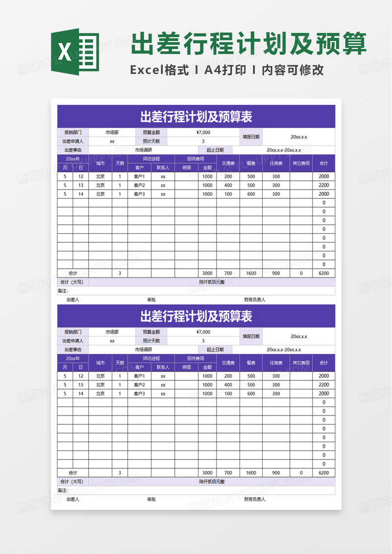 出差行程计划及预算表excel模板