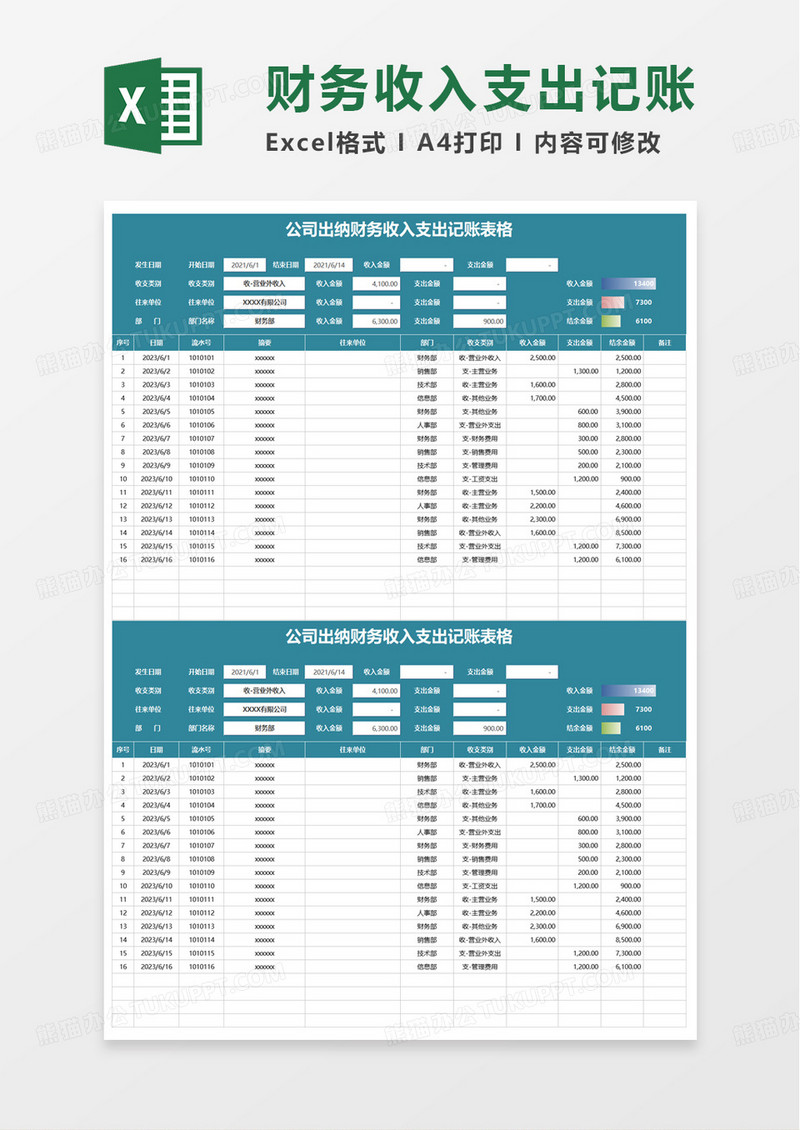 公司出纳财务收入支出记账excel表格