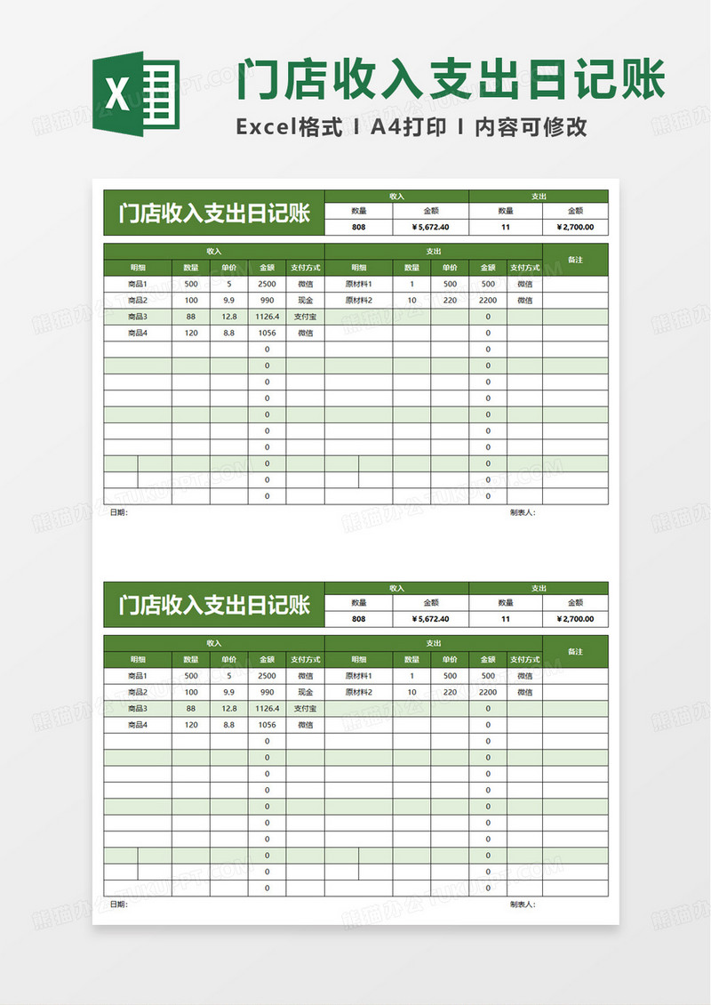 通用门店收入支出日记账excel模板