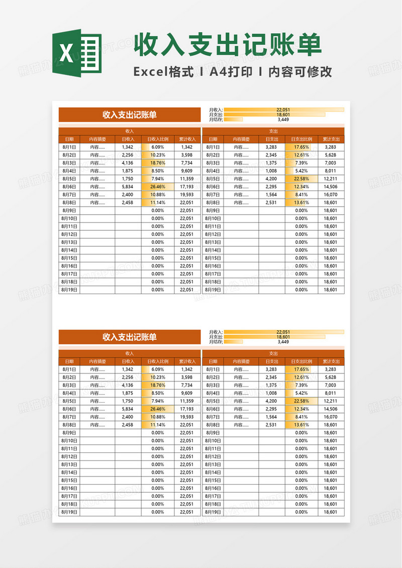 收入支出记账单excel模板