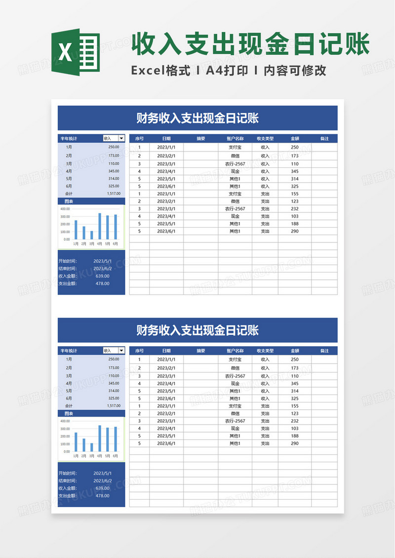 简洁财务收入支出现金日记账excel模板