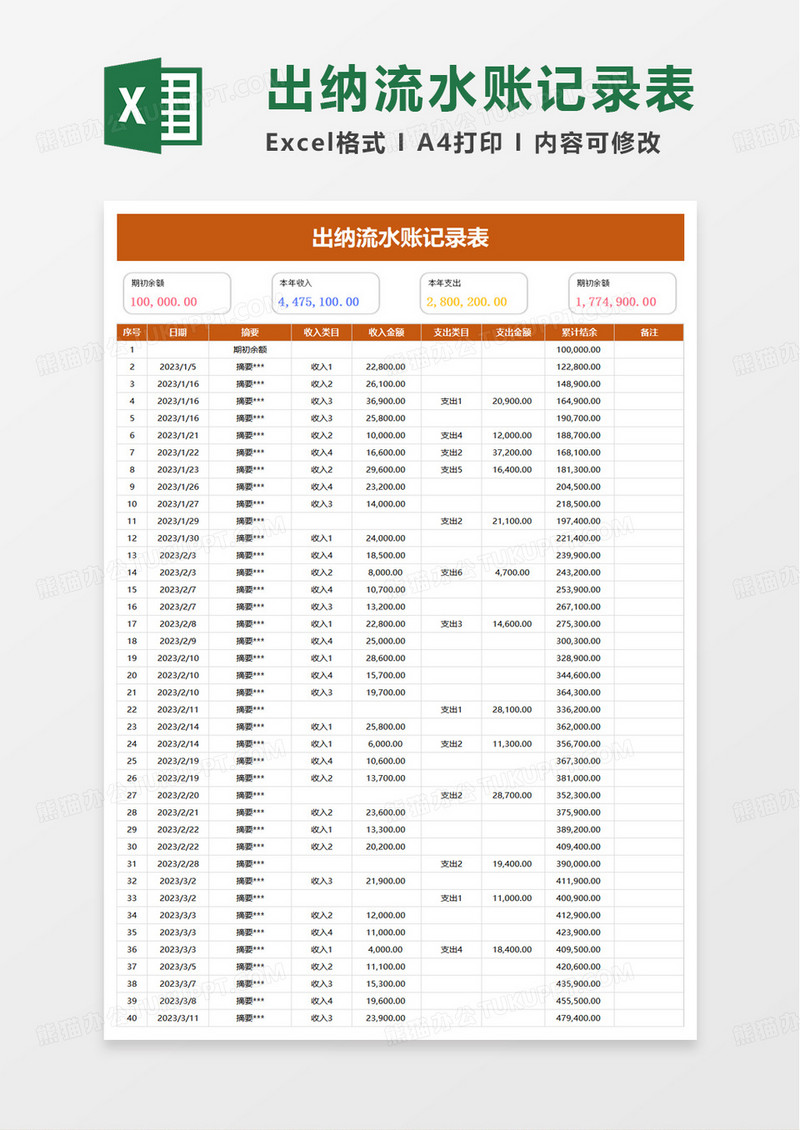 出纳流水账记录表excel模板