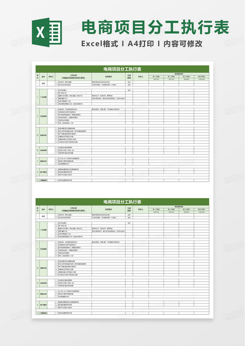 简洁电商项目分工执行表excel模板