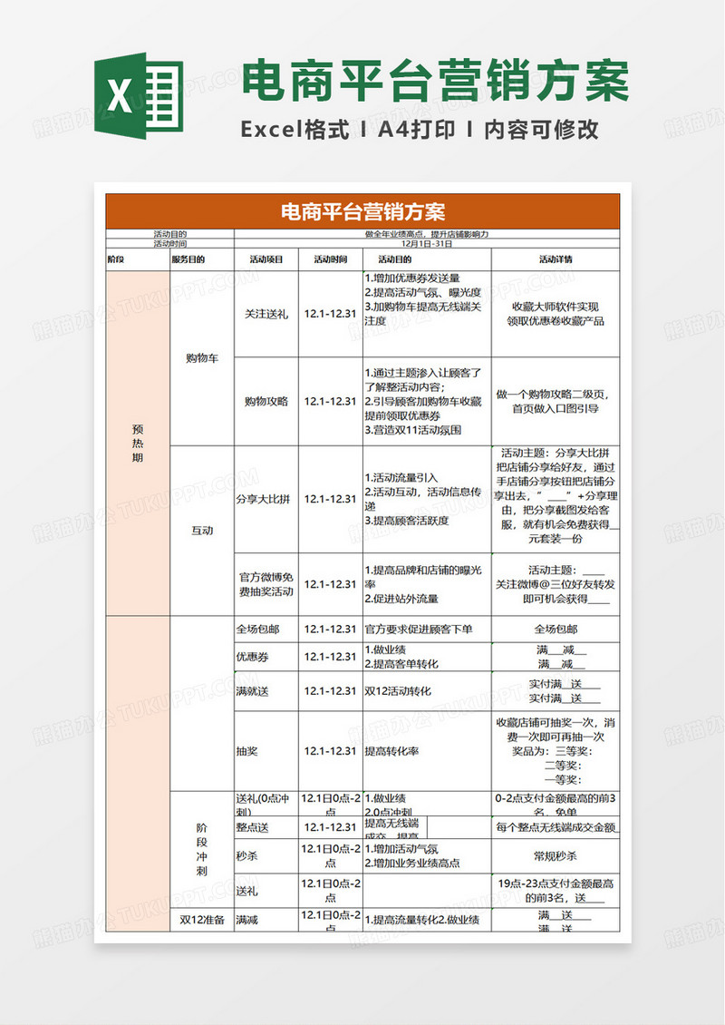 简洁电商平台营销方案excel模板