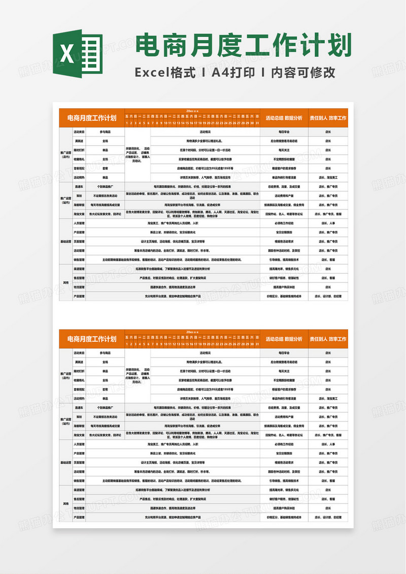 电商月度工作计划excel模板