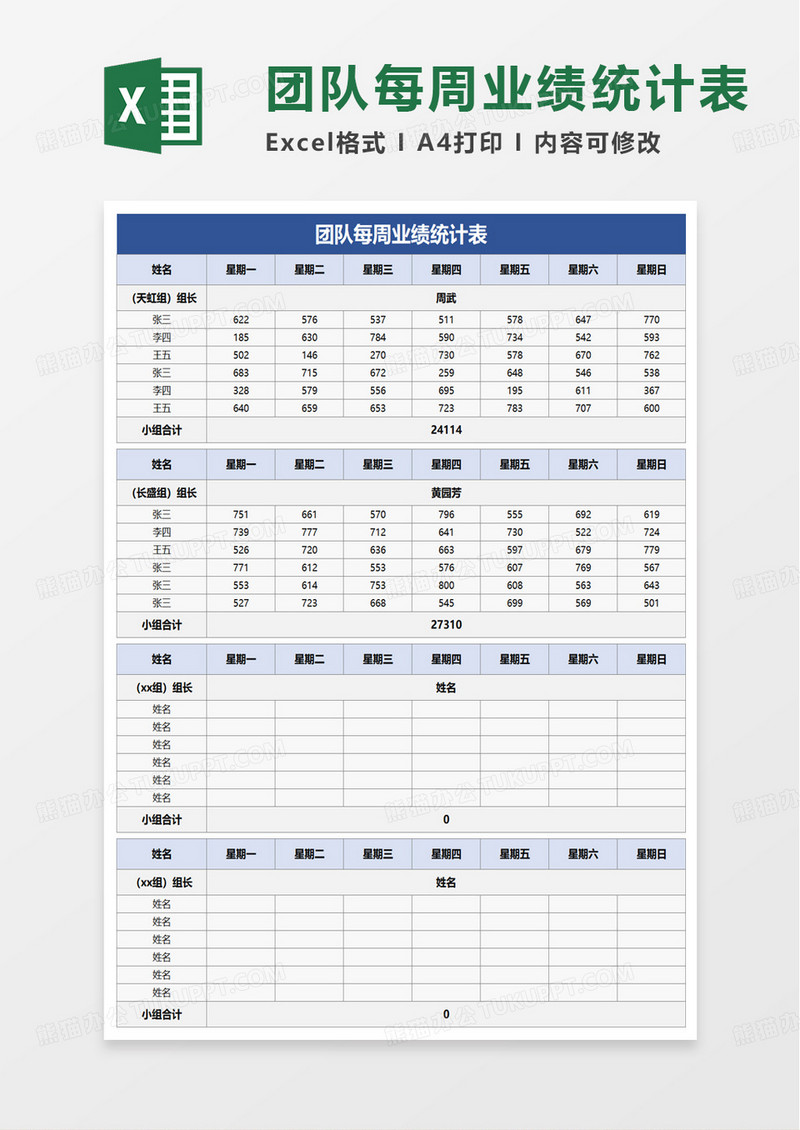 团队每周业绩统计表excel模板