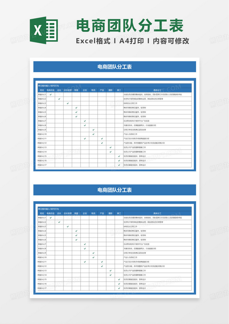 电商团队分工表excel模板