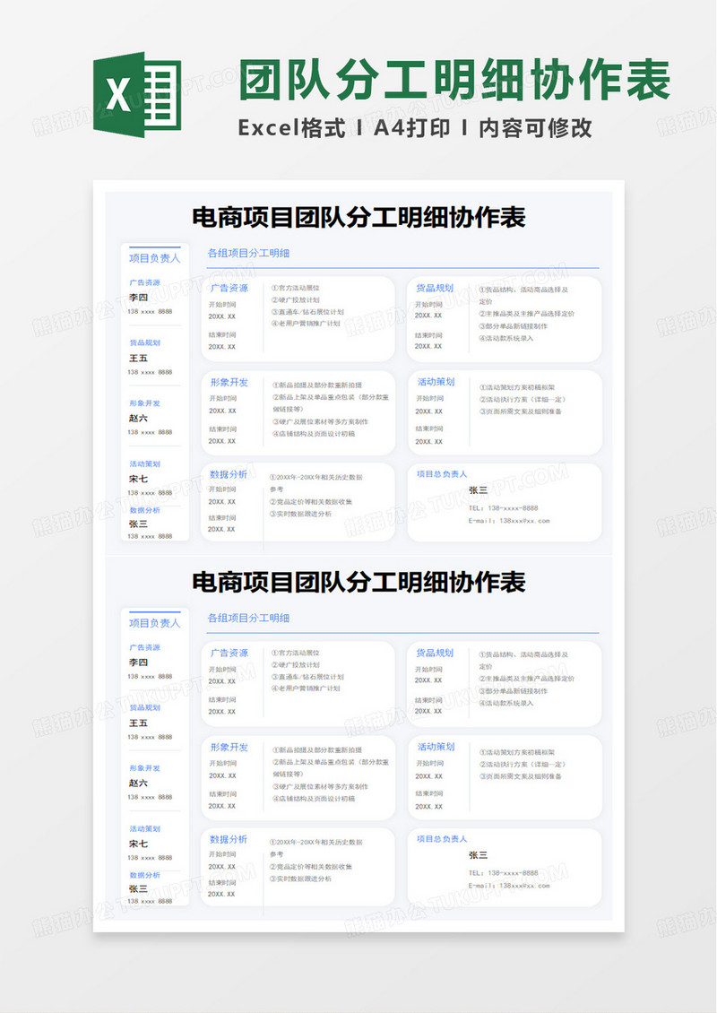 电商项目团队分工明细协作表excel模板