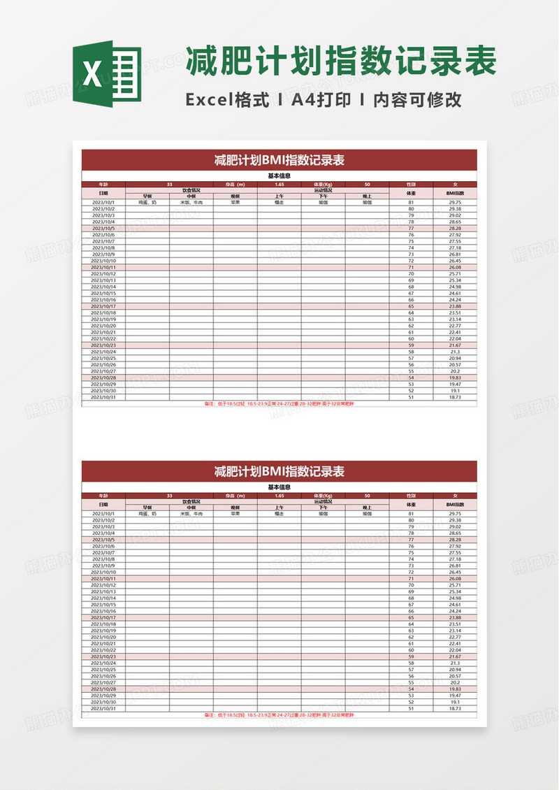 减肥计划BMI指数记录表excel模板