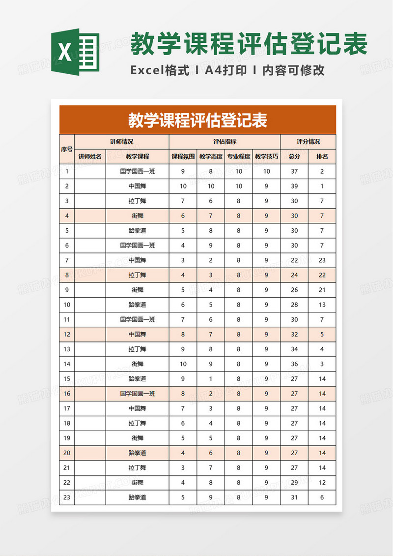 通用教学课程评估登记表excel模板