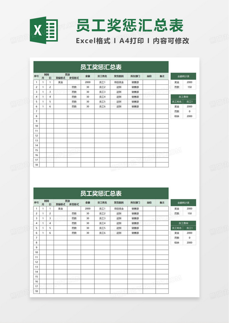 员工奖惩汇总表excel模板