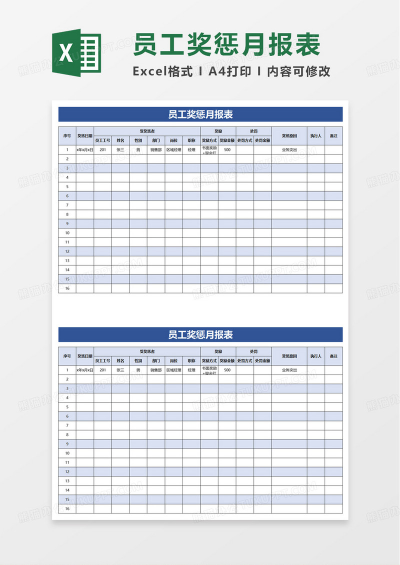 员工奖惩月报表excel模板