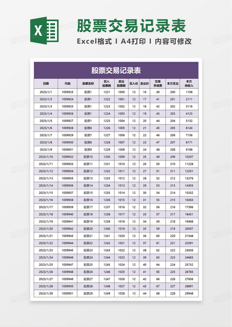 实用简洁股票交易记录表excel模板