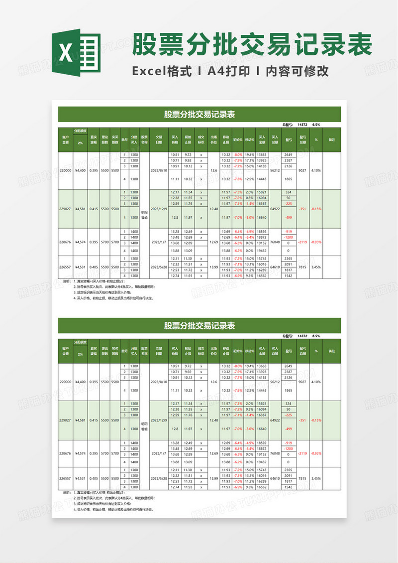 股票分批交易记录表excel模板