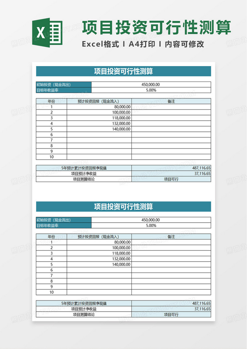 项目投资可行性测算excel模板