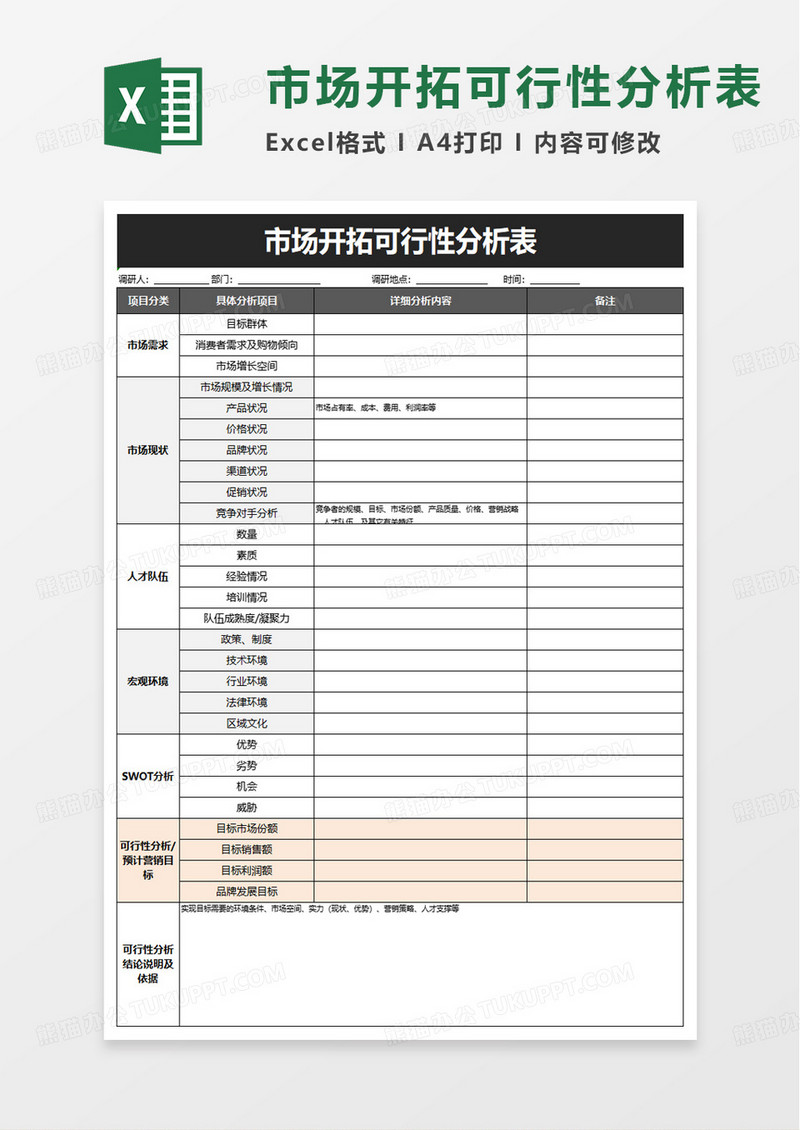 市场开拓可行性分析表excel模板