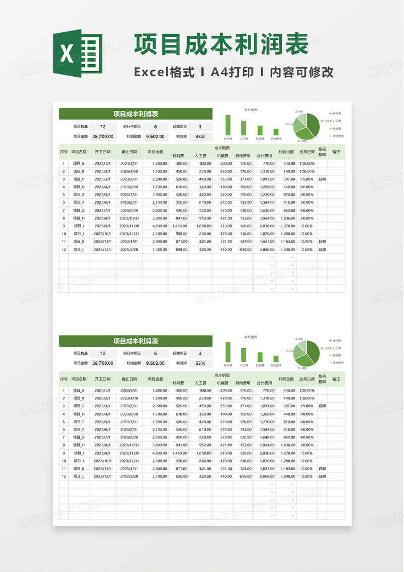 简洁实用项目成本利润表excel模板