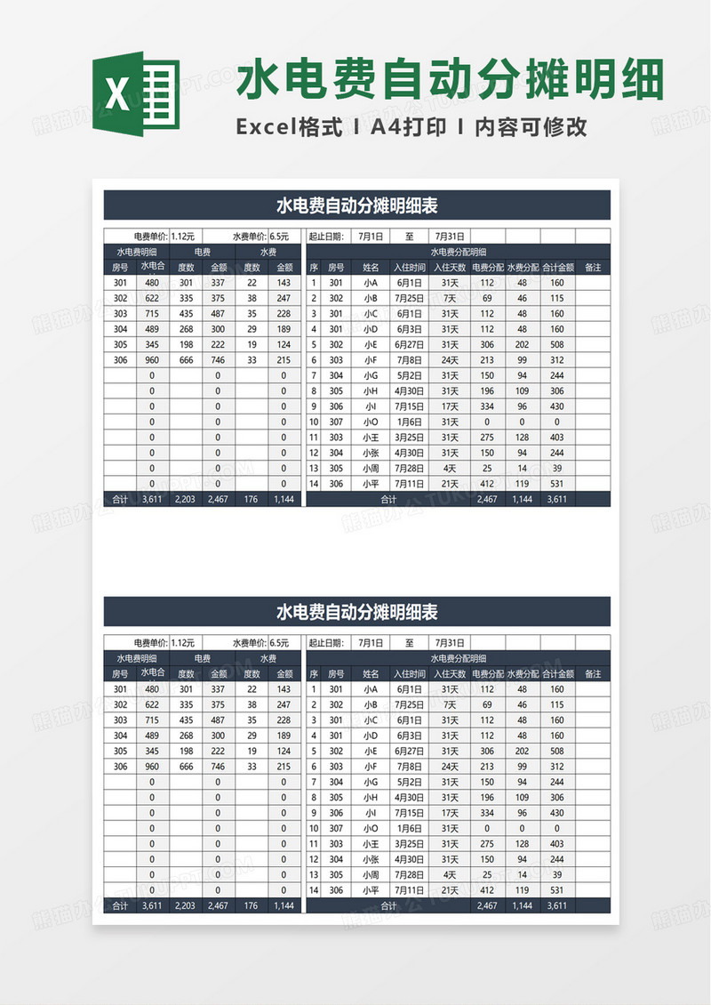 水电费自动分摊明细表excel模板