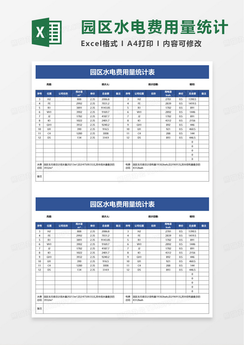 园区水电费用量统计表excel模板