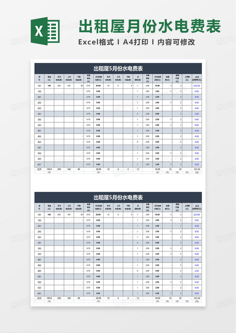 出租屋5月份水电费表excel模板