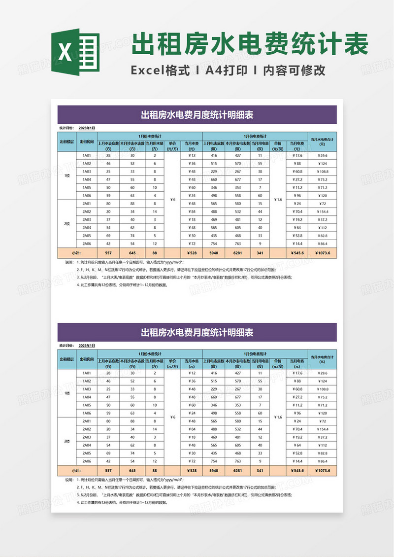 出租房水电费月度统计明细表excel模板