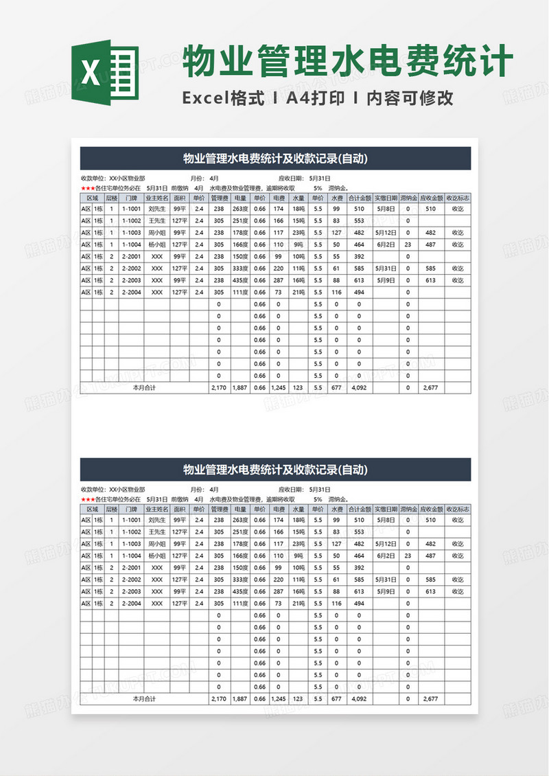 物业管理水电费统计excel模板