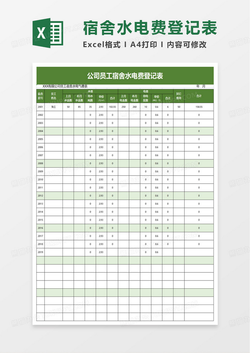 公司员工宿舍水电费登记表excel模板
