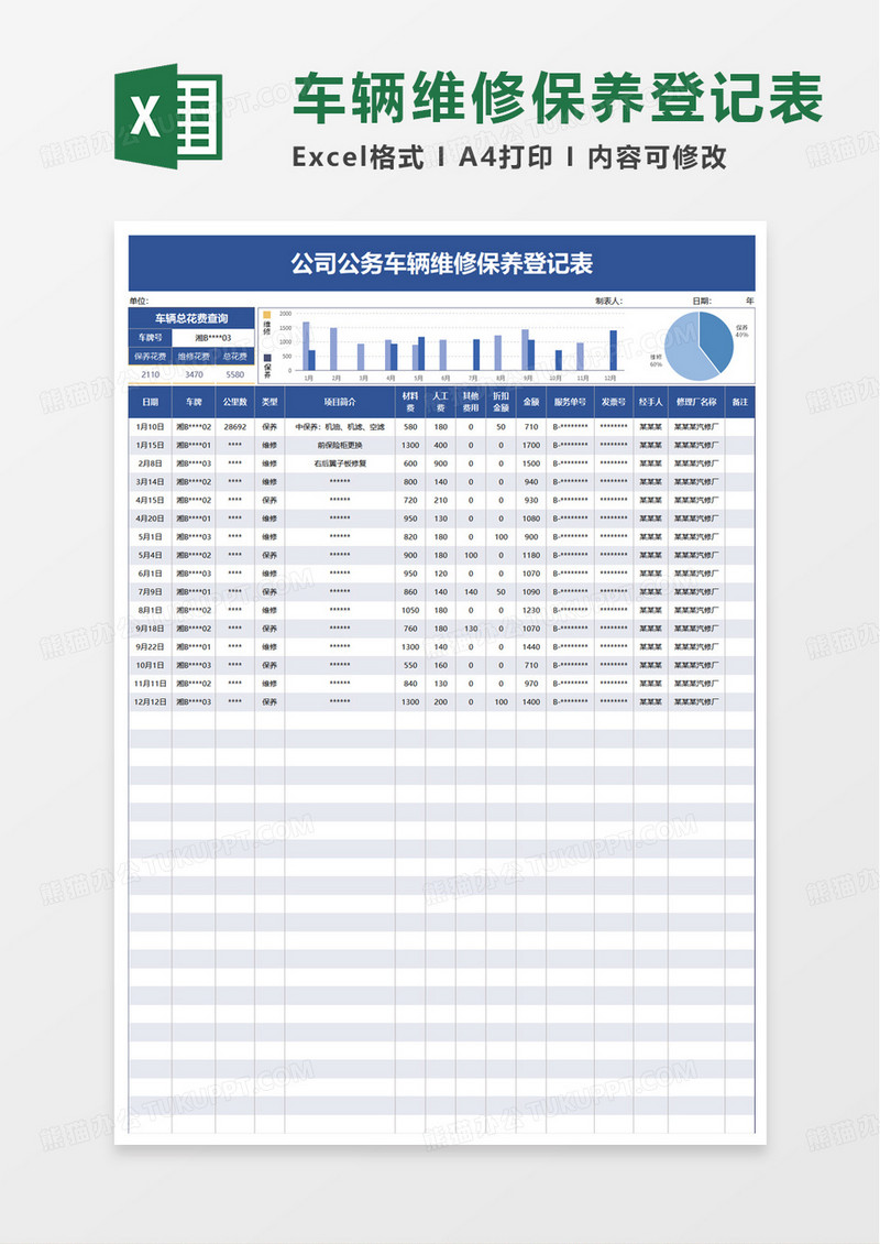 公司公务车辆维修保养登记表excel模板