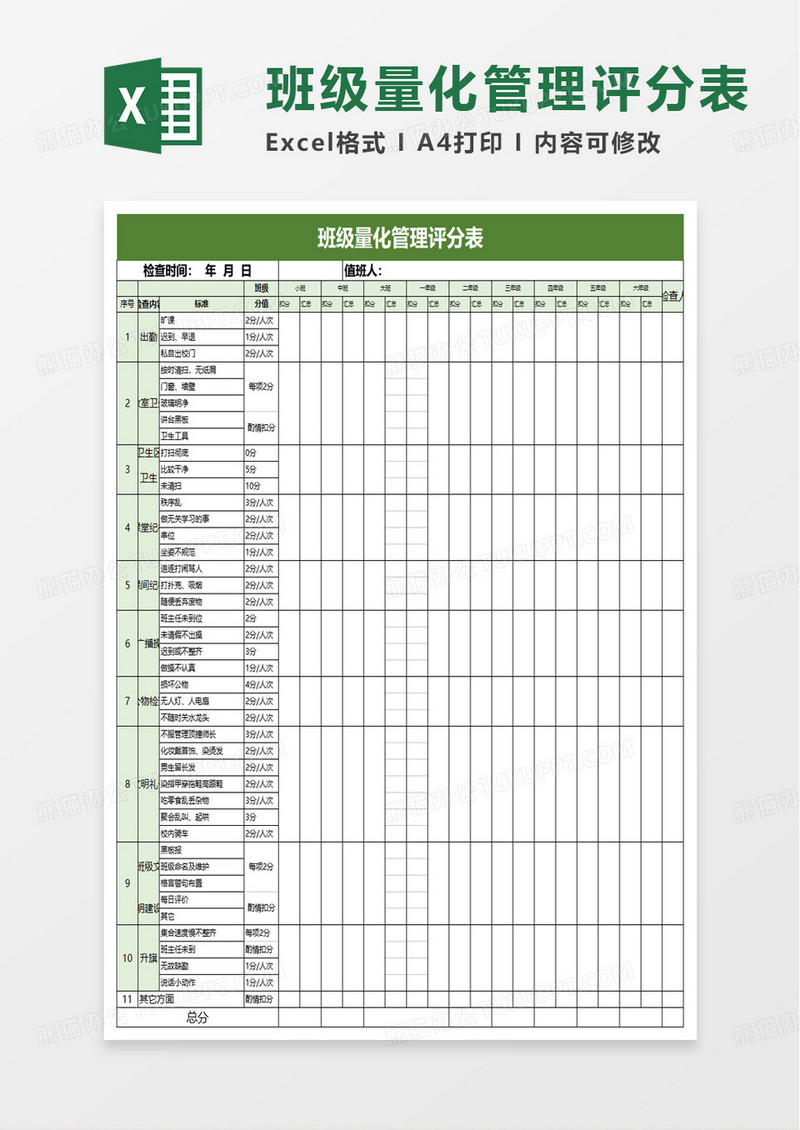 班级量化管理评分表excel模板