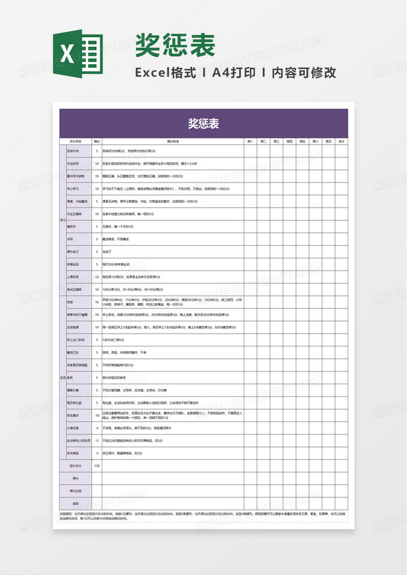 奖惩表excel模板