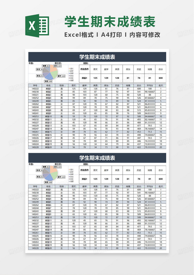 通用学生期末成绩表excel模板