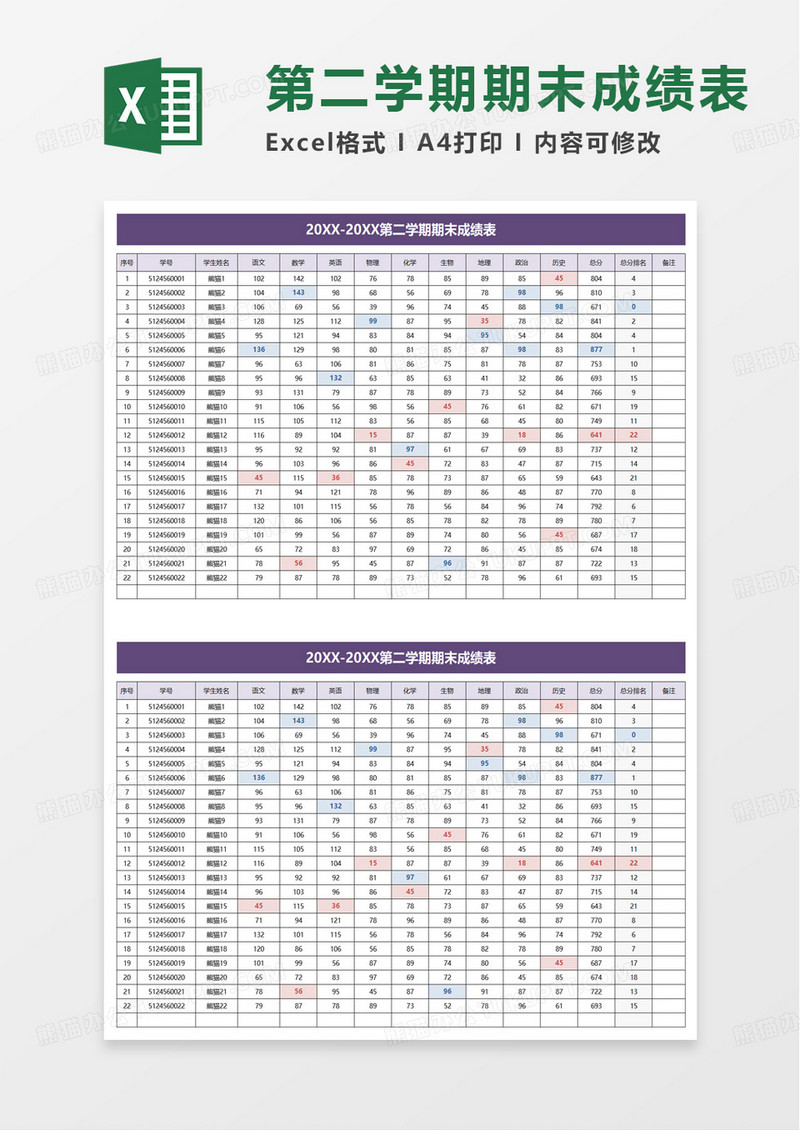 简洁简约第二学期期末成绩表excel模板
