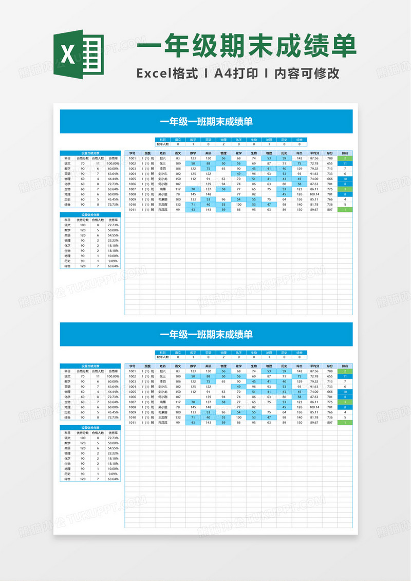 一年级一班期末成绩单excel模板