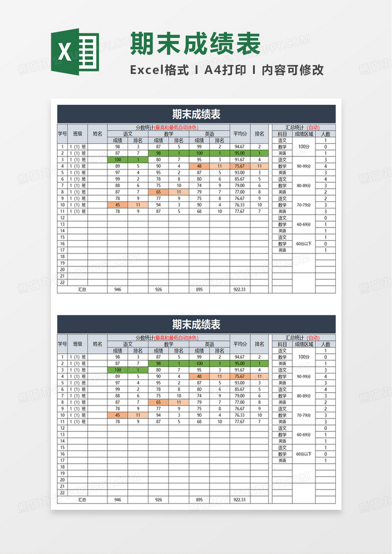 简洁实用期末成绩表excel模板