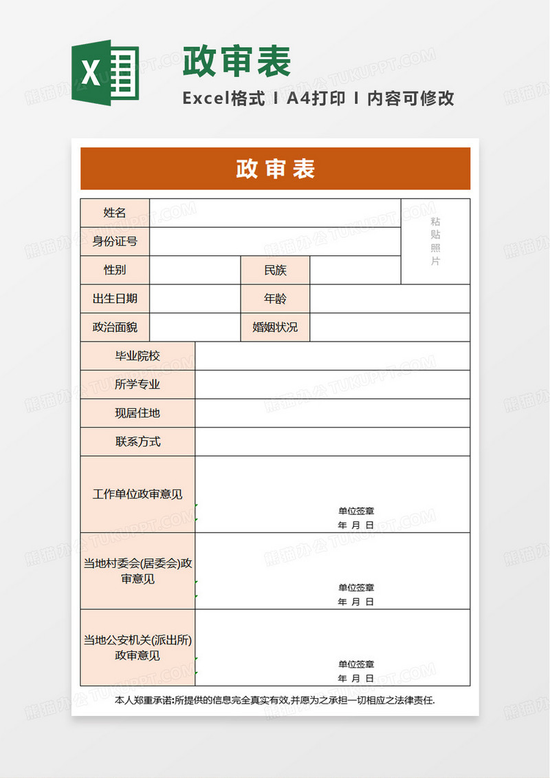 政审表excel模板excel模板