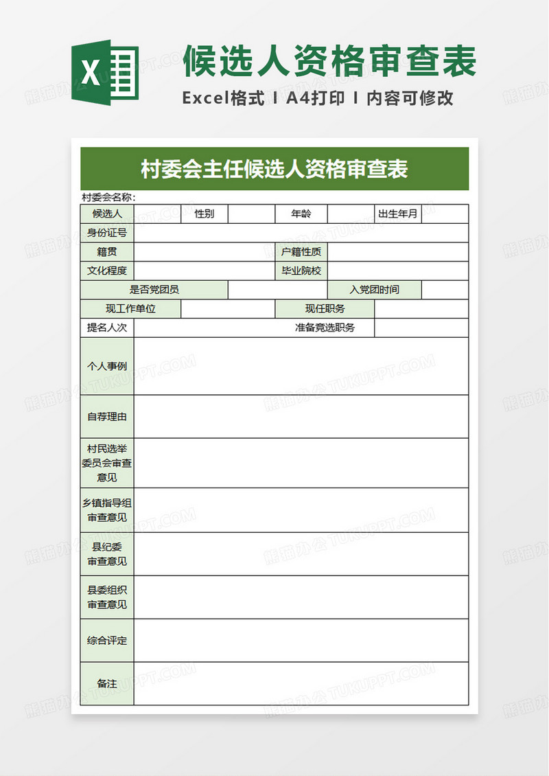 主任候选人资格审查表excel模板