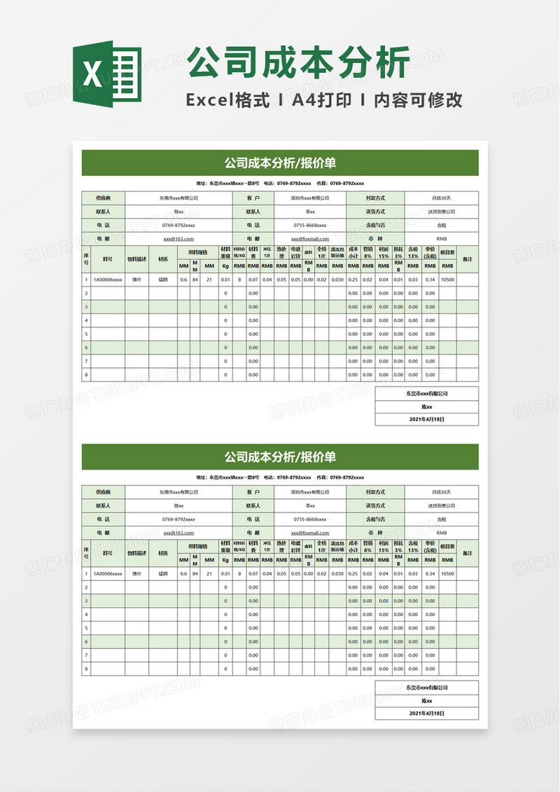 公司成本分析excel模板