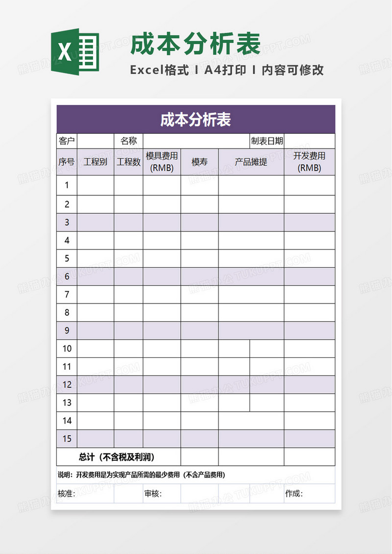 实用成本分析表excel模板