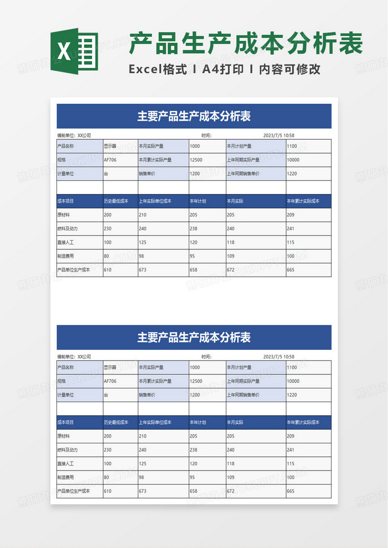 简洁产品生产成本分析表excel模板