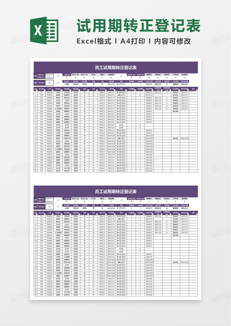 员工试用期转正登记表excel模板