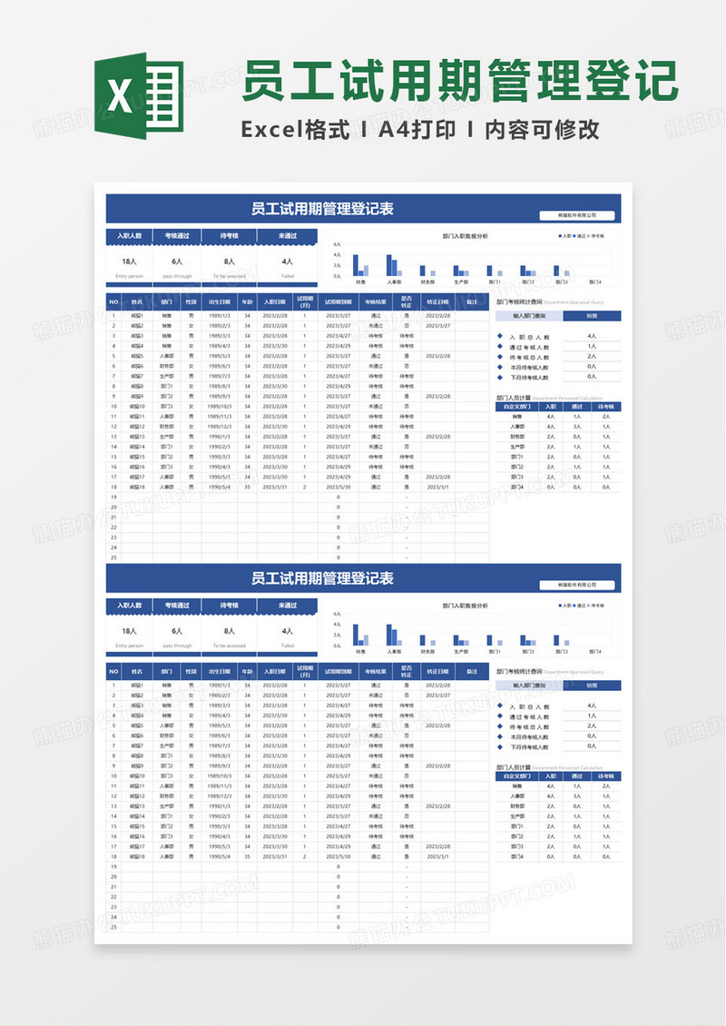 通用简洁员工试用期管理登记表excel模板