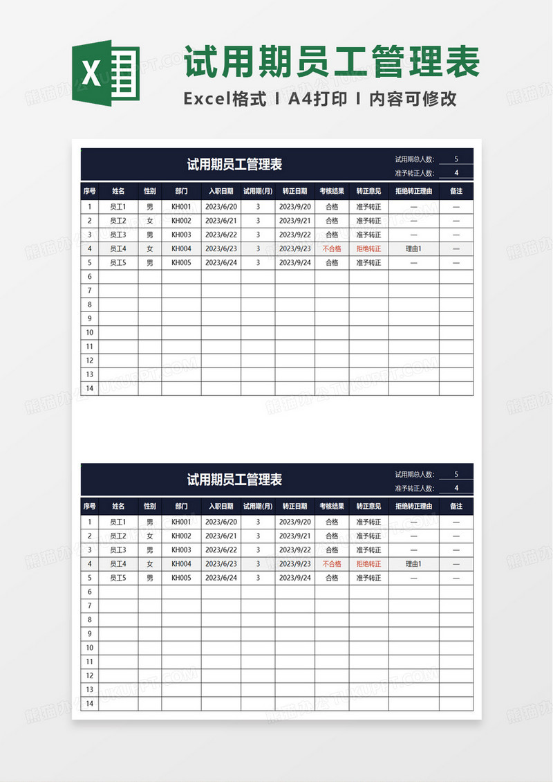 通用试用期员工管理表excel模板