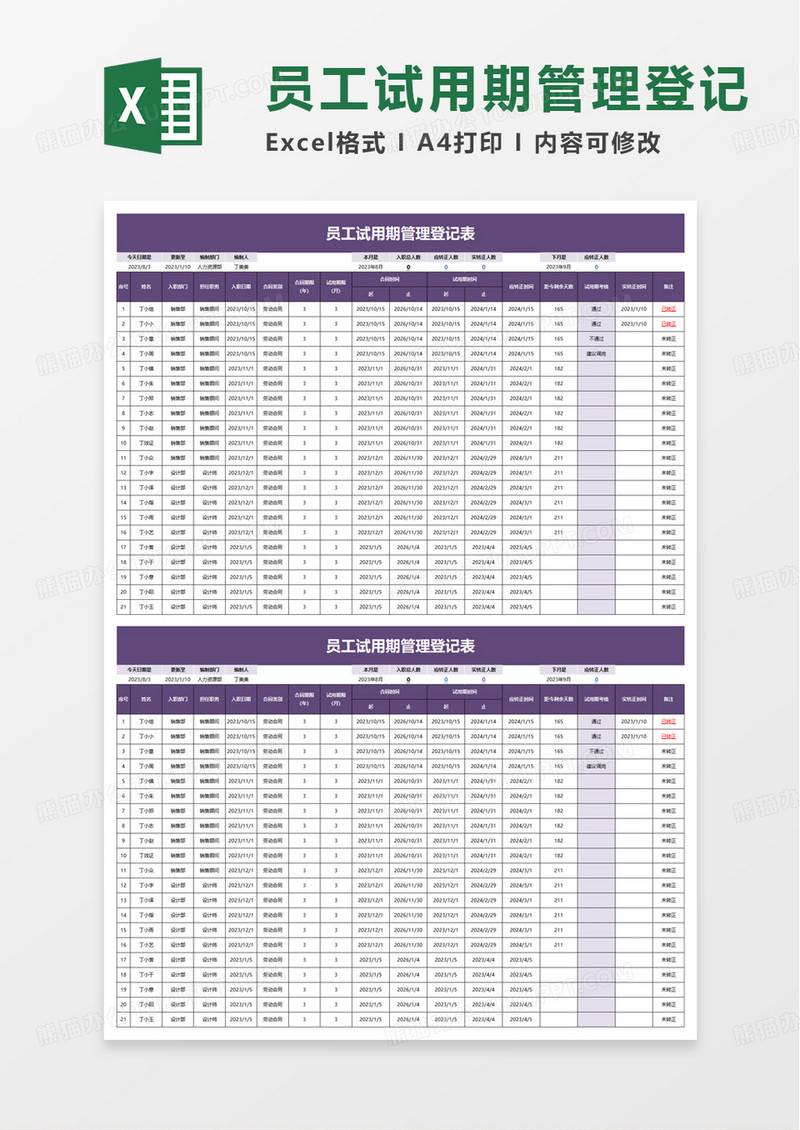 通用员工试用期管理登记表excel模板