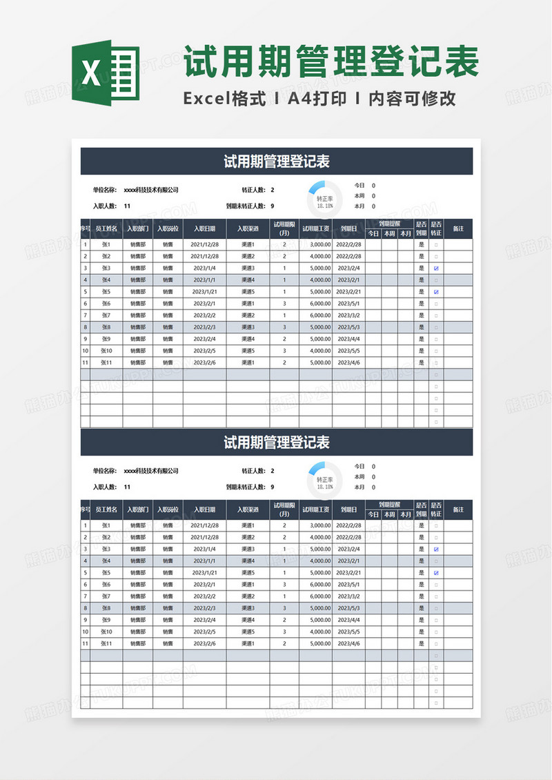 简洁试用期管理登记表excel模板