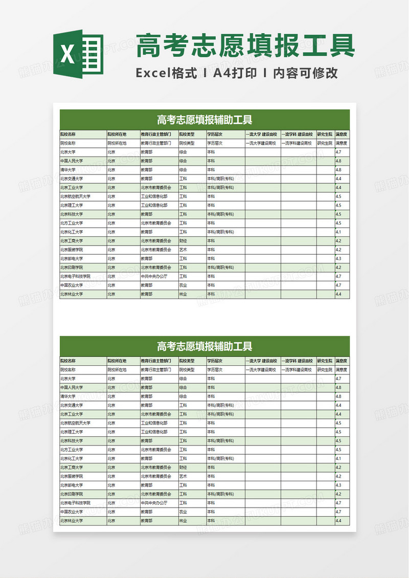实用通用高考志愿填报辅助工具excel模板