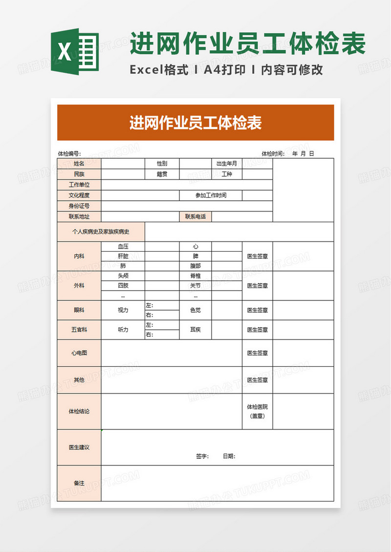 简洁通用进网作业员工体检表excel模板